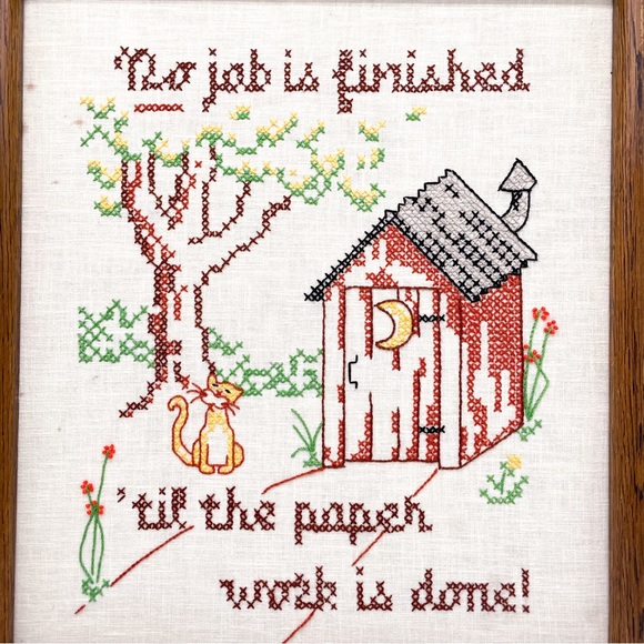 Vintage Cross Stitch Bathroom Sign No Job is Finished Wall Hanging - Picture 2 of 13